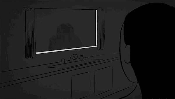 a black and white drawing of a woman looking at her reflection in a mirror