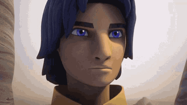 a close up of a cartoon character with blue hair