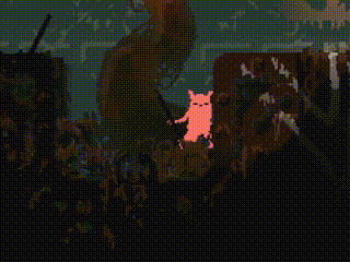 a pixel art drawing of a chicken with a x on its head