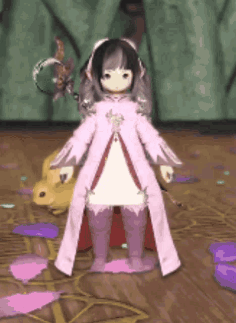 a little girl in a pink dress is standing next to a yellow rabbit .
