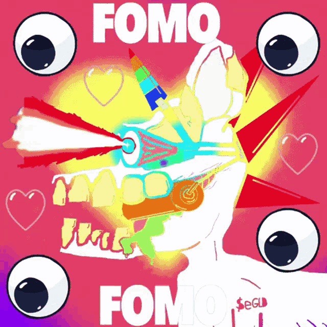 a cartoon drawing of a unicorn with the word fomo written on it