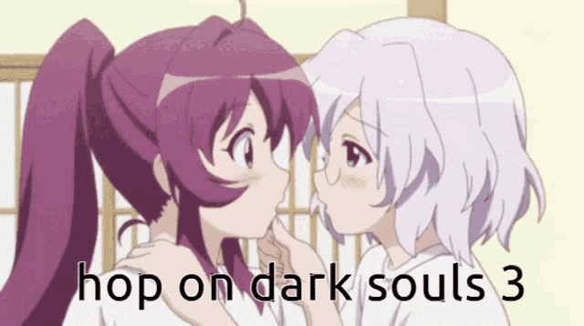 a couple of girls kissing with the words hop on dark souls 3 below them