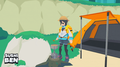 a cartoon of a girl cooking in front of a tent with sushi ben written on the bottom right
