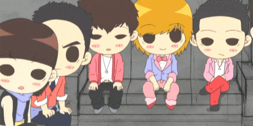 a group of cartoon characters are sitting on a staircase