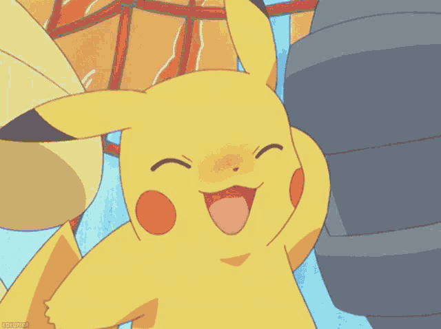 a pikachu is smiling with its mouth open in a cartoon scene