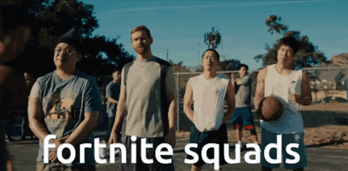 a group of men standing on a basketball court with the words fortnite squads written on the bottom