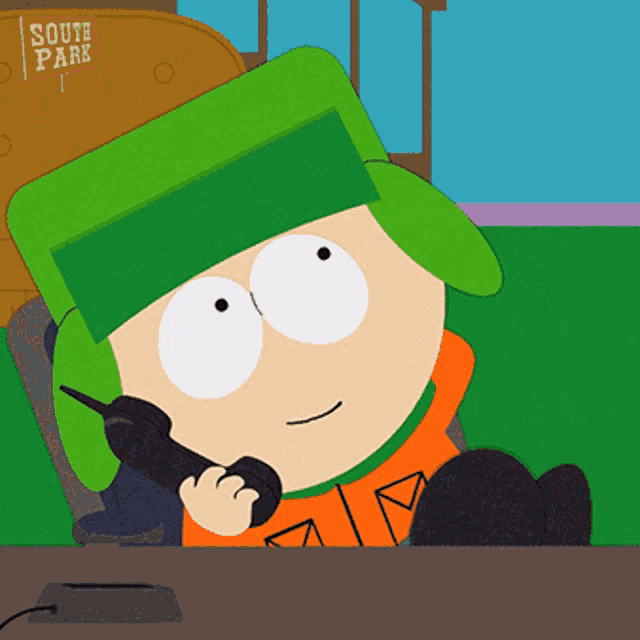 a cartoon character from south park talking on a telephone