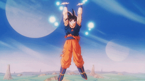 a cartoon character named goku is jumping in the air with his hands in the air