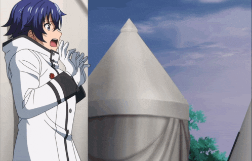 a girl with a surprised look on her face is standing in front of a tent