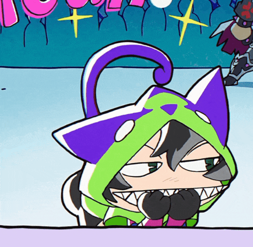 a cartoon character wearing a purple and green cat costume
