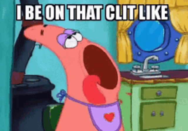 patrick star from spongebob squarepants is wearing a purple apron with a heart on it