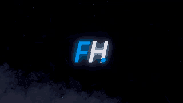 a blue and white logo with the letters fh on a dark background