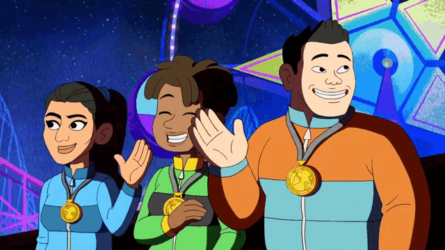 a group of cartoon characters with medals on their arms