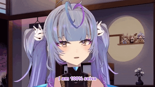 a cartoon girl with purple hair says i am 100 % seiso