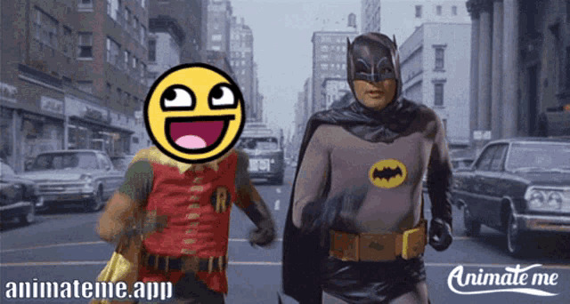 batman and robin are running down a street with animateme app written on the bottom