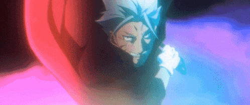 a close up of a person with a sword in their hand in a dark room .