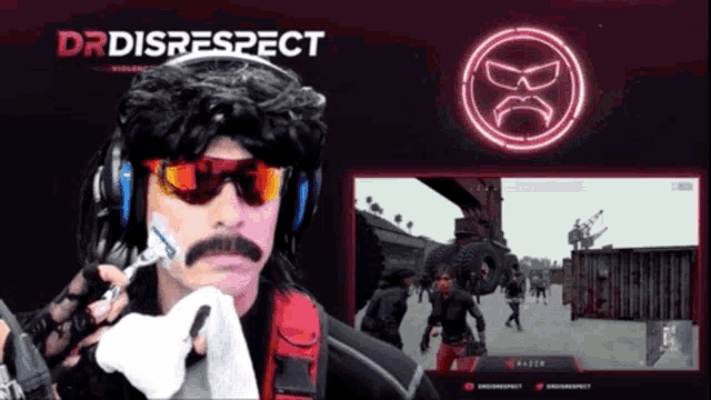a man wearing headphones and sunglasses is playing a video game called dr disrespect