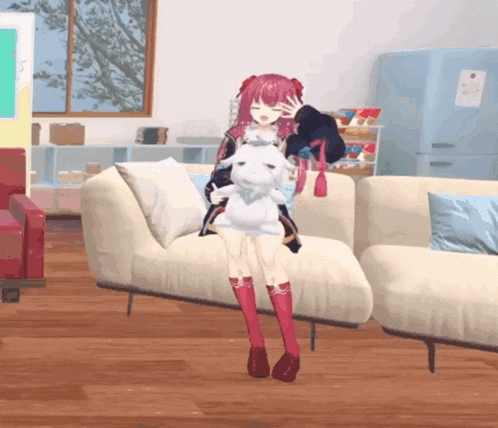 a girl with pink hair is holding a stuffed animal