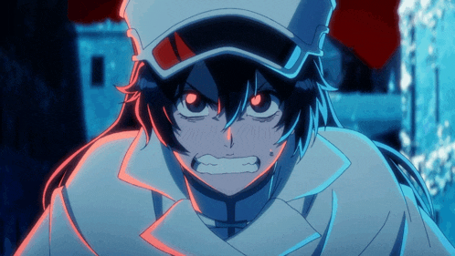 a close up of a person with red eyes