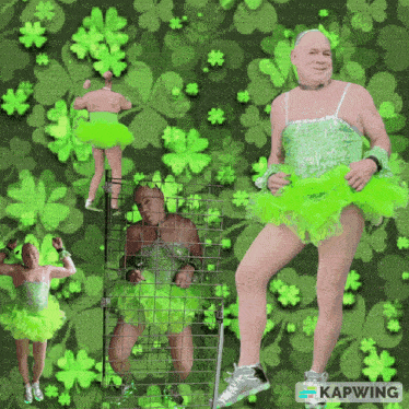 a man in a green tutu is standing in front of a green background