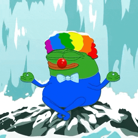 a cartoon frog with a rainbow wig and a red nose is sitting on a rock