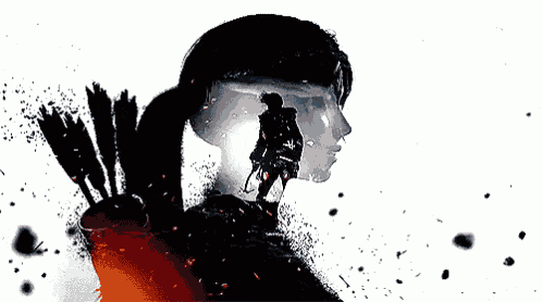 a double exposure of a man standing in front of a mountain with a sword .