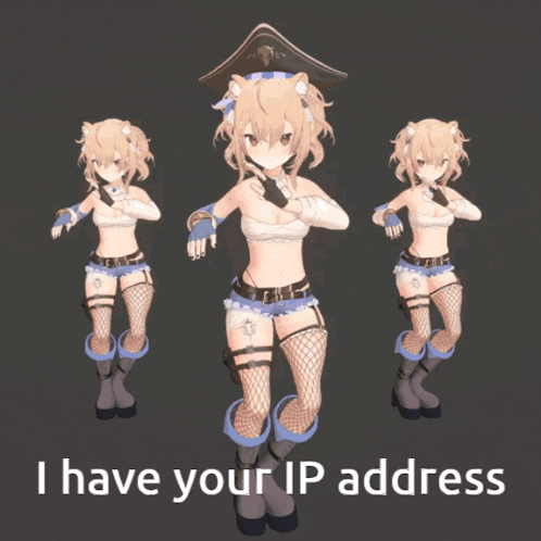a girl in a pirate outfit is standing next to a sign that says " i have your ip address "