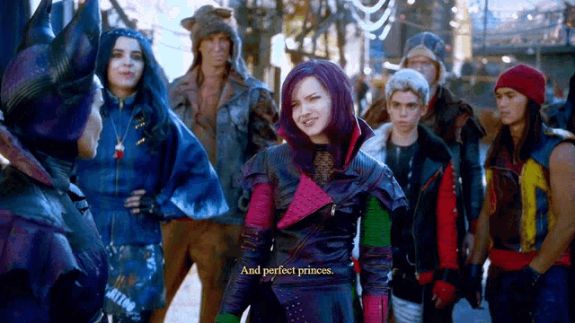a group of people standing next to each other with the words " and perfect princes " on the screen
