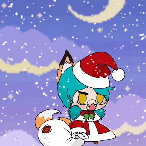 a drawing of a fox wearing a santa hat and holding a bag