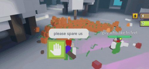 a screenshot of a video game that says please spare us and guy who like fn feet