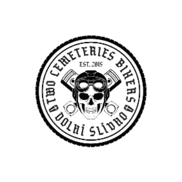 a black and white logo with a skull and pistons on it