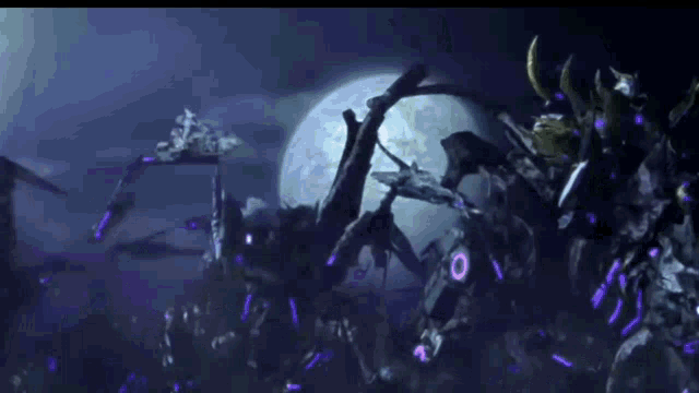 a group of monsters are standing in front of a full moon in a dark room .