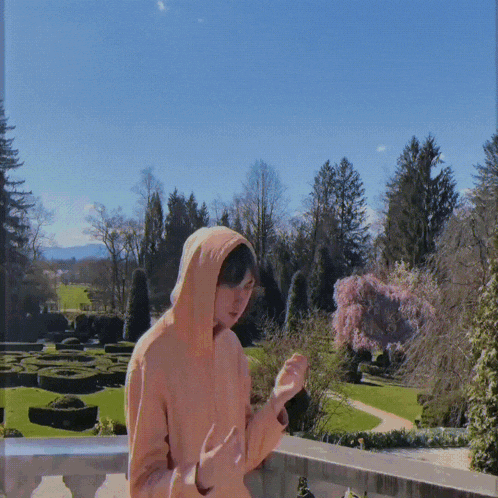 a person wearing a hoodie is standing in a garden