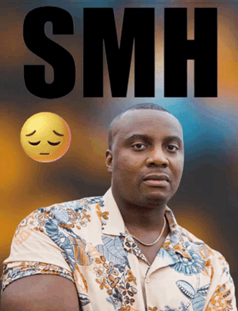 a man in a hawaiian shirt stands in front of a sign that says smh