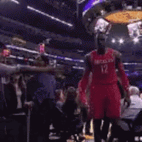 a basketball player wearing a red jersey with the number 12 on it stands in front of a crowd .
