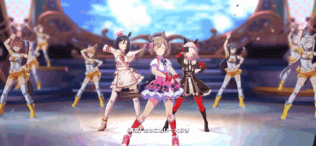 a group of anime girls are dancing on a stage and one of them is wearing a pink dress