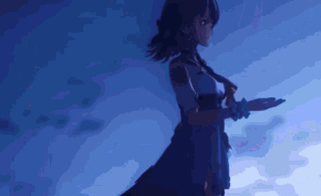 a silhouette of a girl in a blue dress