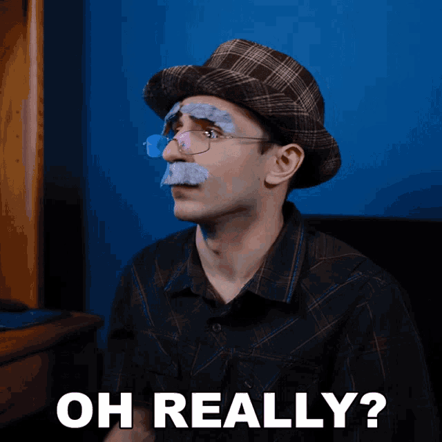 a man with a fake mustache and glasses says " oh really "