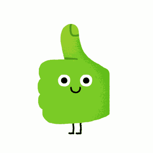 a green cartoon thumbs up with a face and legs