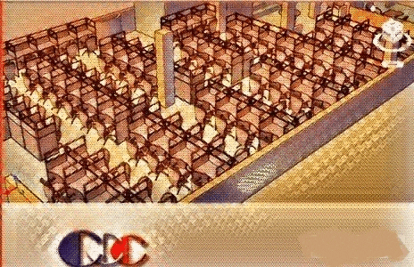 a drawing of cubicles with the letters cc on the bottom right