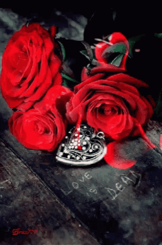 a heart shaped pendant is surrounded by red roses and the words love is dea written on a blackboard