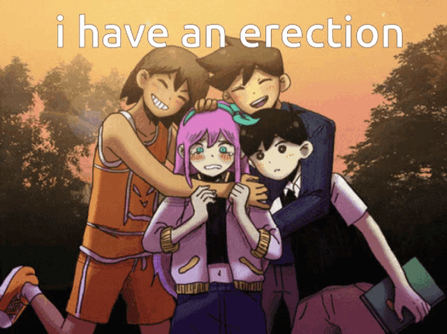 a group of anime characters are posing for a picture and the caption says i have an erection