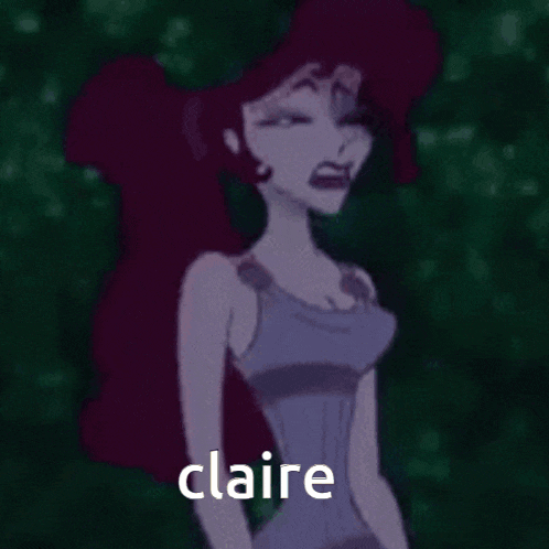 a cartoon girl with red hair is sitting on a bench with her eyes closed and the word claire written below her