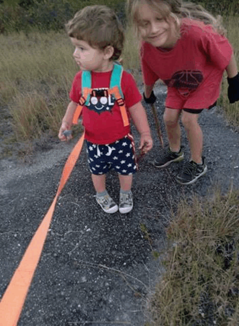 a boy and a girl are walking on a dirt road with a leash .