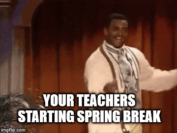a man in a suit and tie is dancing in front of a wooden door and says `` your teachers starting spring break '' .
