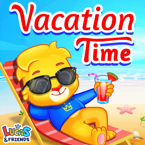 a lucas and friends vacation time poster with a teddy bear holding a drink