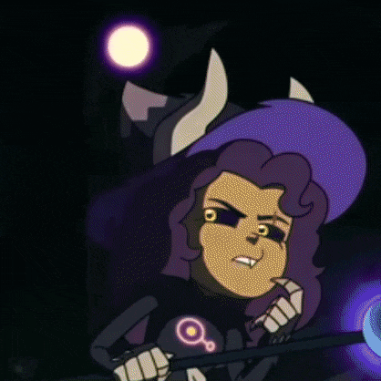 a cartoon witch with purple hair and horns is holding a magic wand in a dark room .