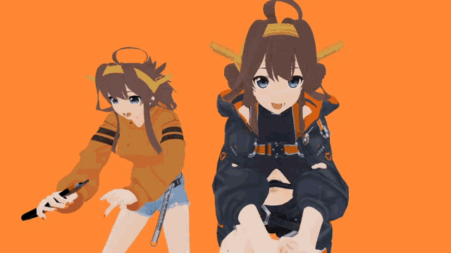 a girl in a hoodie and a girl in a black jacket are standing next to each other on an orange background
