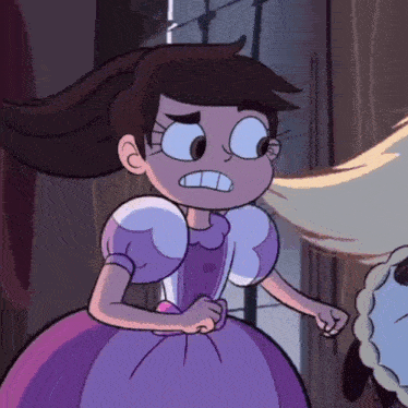 a cartoon girl in a purple dress is making a face