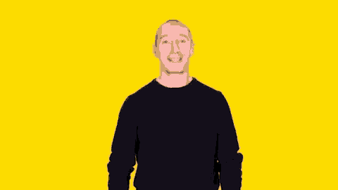 a man in a black sweater is smiling on a yellow background .